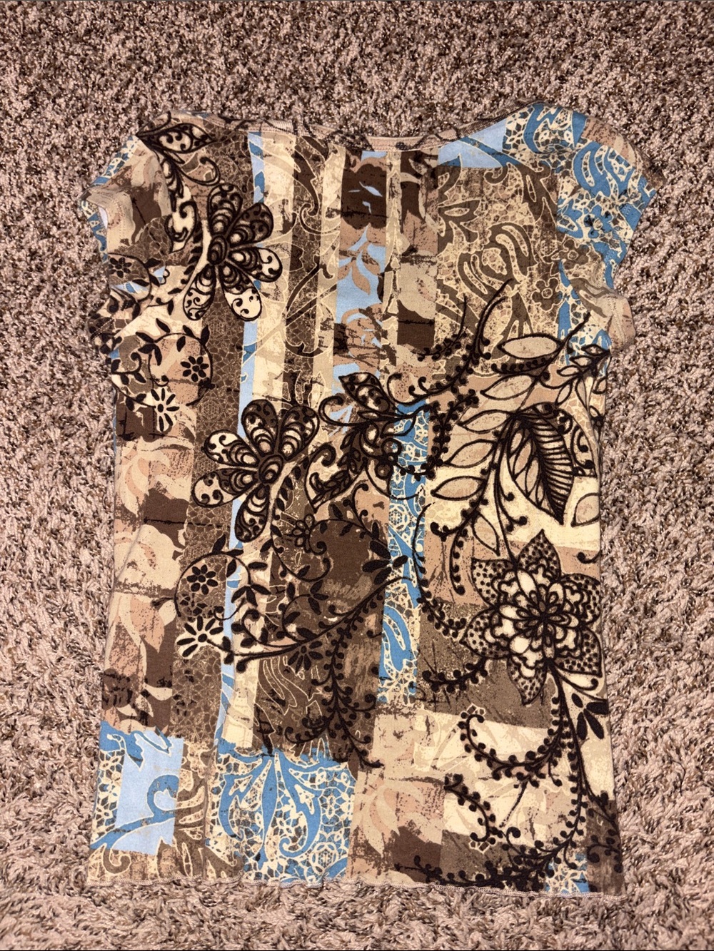 Stamp10 Blue and Brown V-Neck Short Sleeve Patterned Top - Picture 3 of 3
